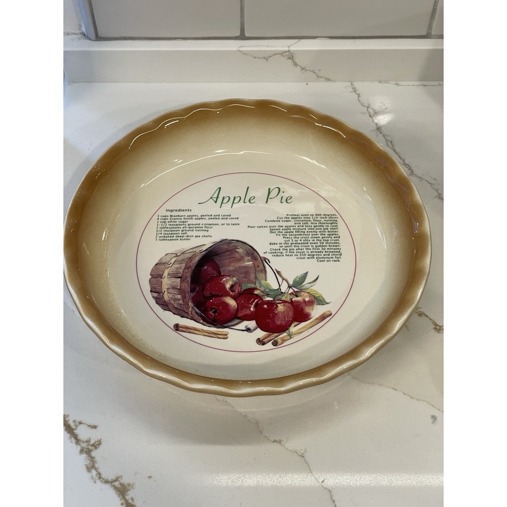 Nantucket Apple Pie Baking Plate Recipe Pie Dish Scalloped Edge 10" Brown Granny